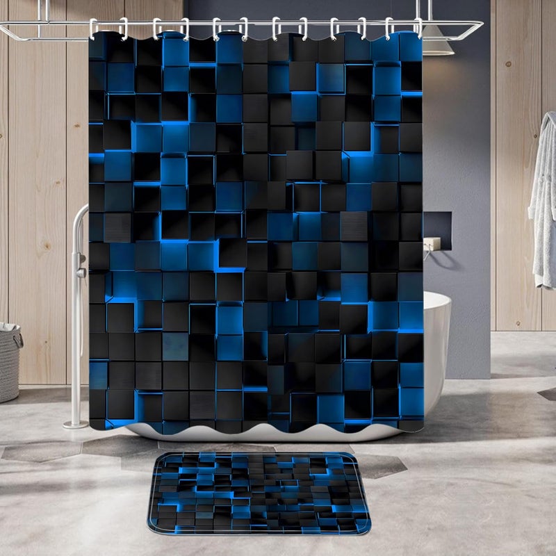 LQCOOL 4Pcs Blue Shower Curtain Set 3D Cubes Bathroom Sets Modern Shower Curtain Set for Bathroom Sets with Rugs Black and Blue Shower Curtain with 12 Hooks - Image 4